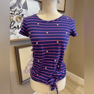 LILLY PULITZER Blue and Pink Flower Beaded Cap Sleeve Tee